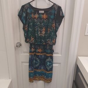 Olivia Matthews Geometric Blue and Orange Midi Dress